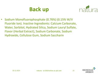 Back up 
• Sodium Monofluorophosphate (0.76%) (0.15% W/V 
Fluoride Ion). Inactive Ingredients: Calcium Carbonate, 
Water, Sorbitol, Hydrated Silica, Sodium Lauryl Sulfate, 
Flavor (Herbal Extract), Sodium Carbonate, Sodium 
Hydroxide, Cellulose Gum, Sodium Saccharin 
03.12.2014 natura - as distinctive as you are 22 
 