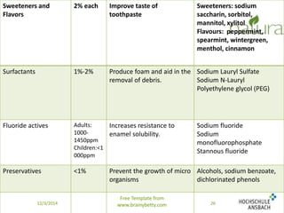 12/3/2014 
Free Template from 
www.brainybetty.com 26 
Sweeteners and 
Flavors 
2% each Improve taste of 
toothpaste 
Sweeteners: sodium 
saccharin, sorbitol, 
mannitol, xylitol 
Flavours: peppermint, 
spearmint, wintergreen, 
menthol, cinnamon 
Surfactants 1%-2% Produce foam and aid in the 
removal of debris. 
Sodium Lauryl Sulfate 
Sodium N-Lauryl 
Polyethylene glycol (PEG) 
Fluoride actives Adults: 
1000- 
1450ppm 
Children:<1 
000ppm 
Increases resistance to 
enamel solubility. 
Sodium fluoride 
Sodium 
monofluorophosphate 
Stannous fluoride 
Preservatives <1% Prevent the growth of micro 
organisms 
Alcohols, sodium benzoate, 
dichlorinated phenols 
