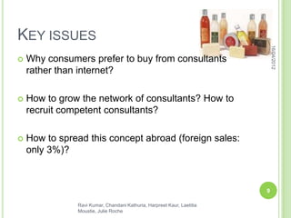 KEY ISSUES




                                                                            16/04/2012
   Why consumers prefer to buy from consultants
    rather than internet?

   How to grow the network of consultants? How to
    recruit competent consultants?

   How to spread this concept abroad (foreign sales:
    only 3%)?



                                                                        9

               Ravi Kumar, Chandani Kathuria, Harpreet Kaur, Laetitia
               Moustie, Julie Roche
 