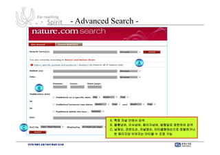 - Advanced Search -



                              A




    B




                   A. 특정 저널 안에서 검색
                   B. 볼륨넘버, 이슈넘버, 페이지넘버, 발행일로 제한하여 검색
C                  C. 날짜순, 관련도순, 저널명순, 아티클형태순으로 정렬하거나
                      한 페이지당 보여지는 아티클 수 조정 가능
 