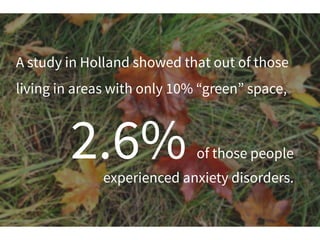 A study in Holland showed that out of those
living in areas with only 10% “green” space,
of those people
experienced anxiety disorders.
2.6%
 