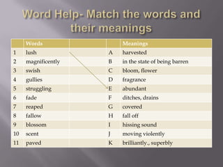 Words Meanings
1 lush A harvested
2 magnificently B in the state of being barren
3 swish C bloom, flower
4 gullies D fragrance
5 struggling E abundant
6 fade F ditches, drains
7 reaped G covered
8 fallow H fall off
9 blossom I hissing sound
10 scent J moving violently
11 paved K brilliantly., superbly
 
