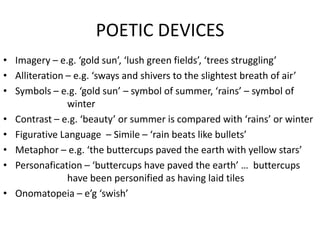 POETIC DEVICES
• Imagery – e.g. ‘gold sun’, ‘lush green fields’, ‘trees struggling’
• Alliteration – e.g. ‘sways and shivers to the slightest breath of air’
• Symbols – e.g. ‘gold sun’ – symbol of summer, ‘rains’ – symbol of
winter
• Contrast – e.g. ‘beauty’ or summer is compared with ‘rains’ or winter
• Figurative Language – Simile – ‘rain beats like bullets’
• Metaphor – e.g. ‘the buttercups paved the earth with yellow stars’
• Personafication – ‘buttercups have paved the earth’ … buttercups
have been personified as having laid tiles
• Onomatopeia – e’g ‘swish’
 