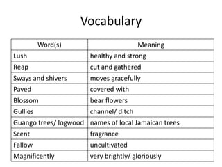 Vocabulary
Word(s) Meaning
Lush healthy and strong
Reap cut and gathered
Sways and shivers moves gracefully
Paved covered with
Blossom bear flowers
Gullies channel/ ditch
Guango trees/ logwood names of local Jamaican trees
Scent fragrance
Fallow uncultivated
Magnificently very brightly/ gloriously
 