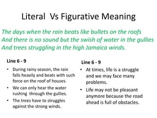 Literal Vs Figurative Meaning
Line 6 - 9
• During rainy season, the rain
falls heavily and beats with such
force on the roof of houses.
• We can only hear the water
rushing through the gullies.
• The trees have to struggles
against the strong winds.
Line 6 - 9
• At times, life is a struggle
and we may face many
problems.
• Life may not be pleasant
anymore because the road
ahead is full of obstacles.
The days when the rain beats like bullets on the roofs
And there is no sound but the swish of water in the gullies
And trees struggling in the high Jamaica winds.
 