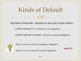 
Kinds of Default
(A) Mora Solvendi: default on the part of the debtor
(1) Mora solvendi ex re:
(2) Mora solvendi ex persona:
default in real obligations
default in personal obligations
There is no mora solvendi in negative obligation.
There is no mora solvendi in natural obligation.
WHY???
attyjdc
 