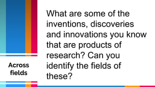 Across
fields
What are some of the
inventions, discoveries
and innovations you know
that are products of
research? Can you
identify the fields of
these?
 