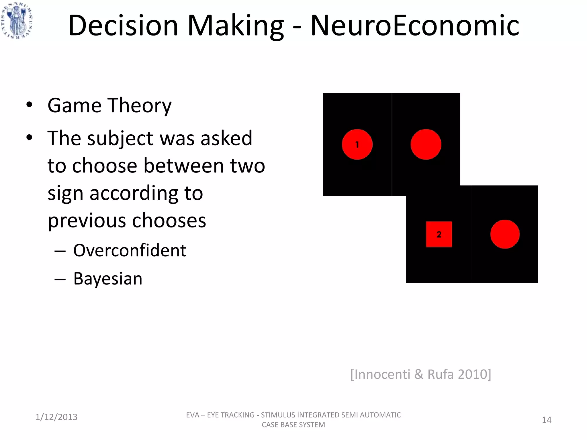 Decision Making - NeuroEconomic

• Game Theory
• The subject was asked
  to choose between two
  sign according to
  previous chooses
    – Overconfident
    – Bayesian



                                                           [Innocenti & Rufa 2010]

1/12/2013         EVA – EYE TRACKING - STIMULUS INTEGRATED SEMI AUTOMATIC
                                       CASE BASE SYSTEM
                                                                                     14
 
