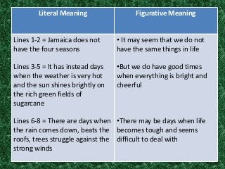 Literal Meaning                 Figurative Meaning


Lines 1-2 = Jamaica does not      • It may seem that we do not
have the four seasons             have the same things in life

Lines 3-5 = It has instead days   •But we do have good times
when the weather is very hot      when everything is bright and
and the sun shines brightly on    cheerful
the rich green fields of
sugarcane

Lines 6-8 = There are days when •There may be days when life
the rain comes down, beats the becomes tough and seems
roofs, trees struggle against the difficult to deal with
strong winds
 