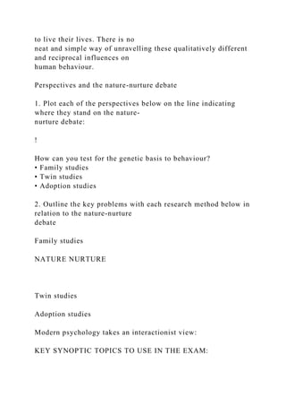 to live their lives. There is no
neat and simple way of unravelling these qualitatively different
and reciprocal influences on
human behaviour.
Perspectives and the nature-nurture debate
1. Plot each of the perspectives below on the line indicating
where they stand on the nature-
nurture debate:
!
How can you test for the genetic basis to behaviour?
• Family studies
• Twin studies
• Adoption studies
2. Outline the key problems with each research method below in
relation to the nature-nurture
debate
Family studies
NATURE NURTURE
Twin studies
Adoption studies
Modern psychology takes an interactionist view:
KEY SYNOPTIC TOPICS TO USE IN THE EXAM:
 