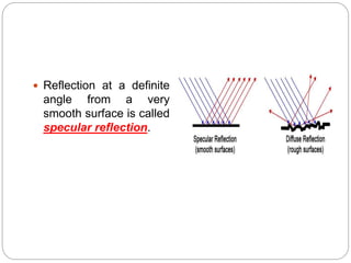  Reflection at a definite
angle from a very
smooth surface is called
specular reflection.
 