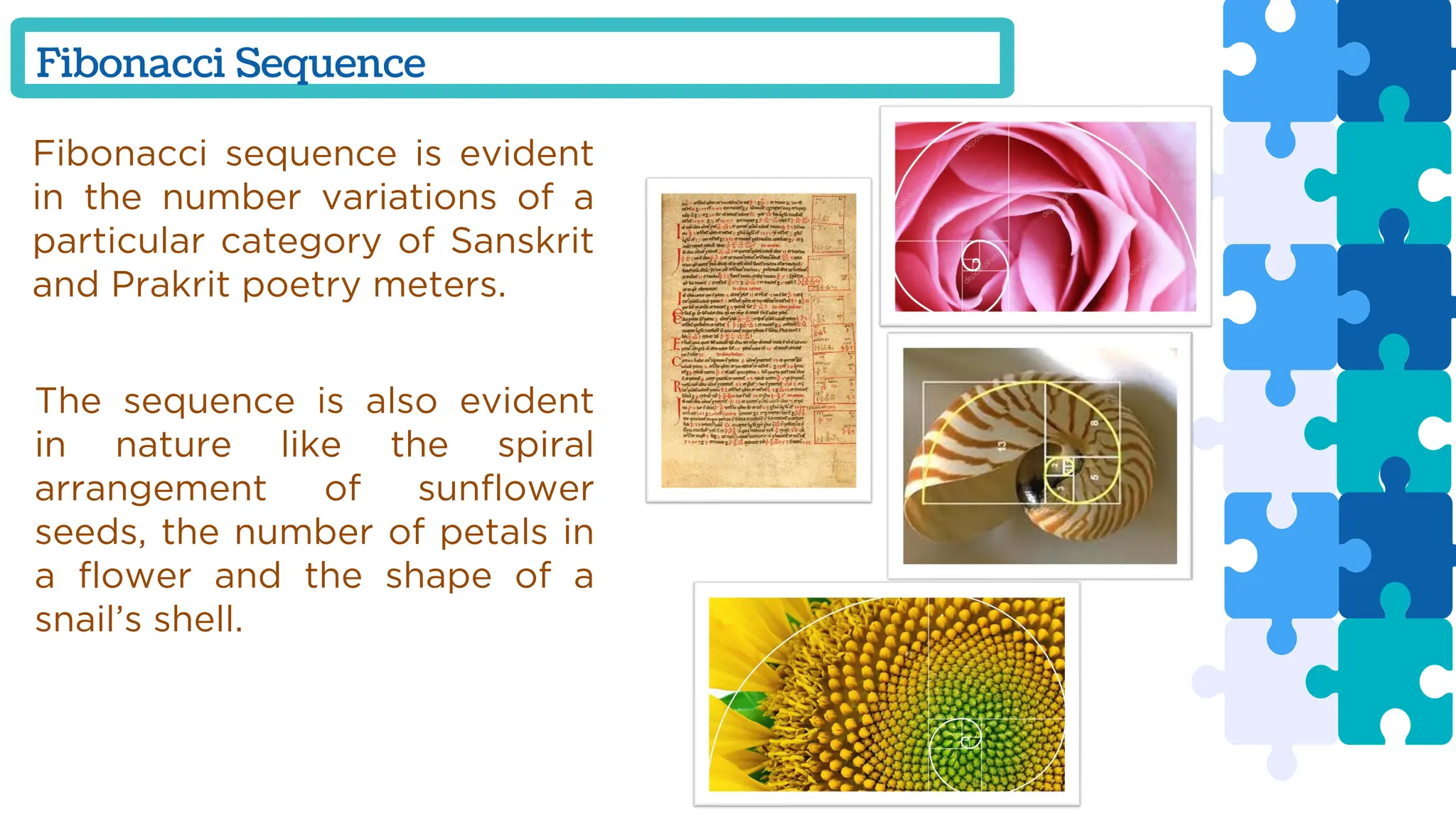 Fibonacci Sequence
Fibonacci sequence is evident
in the number variations of a
particular category of Sanskrit
and Prakrit poetry meters.
The sequence is also evident
in nature like the spiral
arrangement of sunflower
seeds, the number of petals in
a flower and the shape of a
snail’s shell.
 