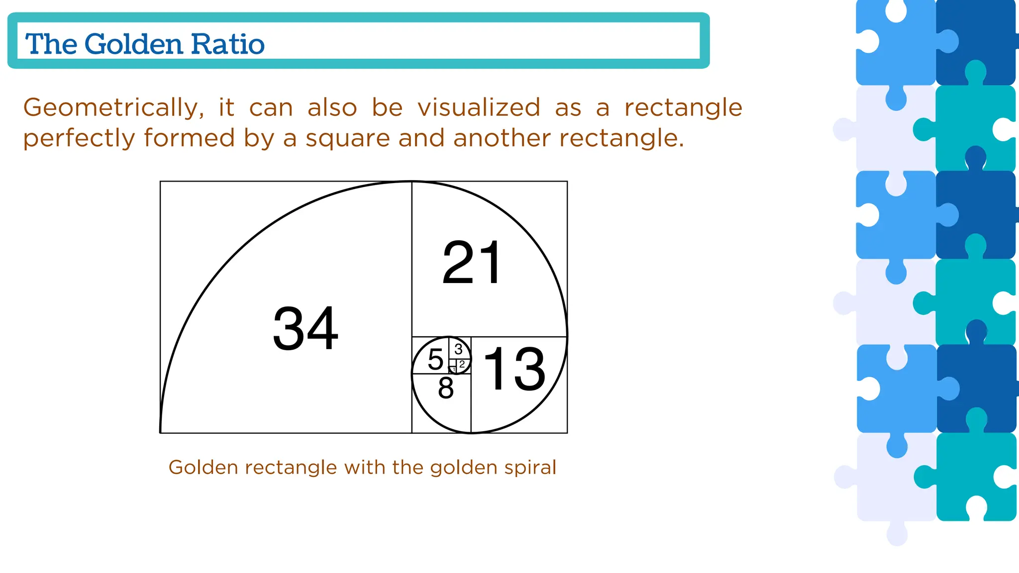 The Golden Ratio
Geometrically, it can also be visualized as a rectangle
perfectly formed by a square and another rectangle.
Golden rectangle with the golden spiral
 