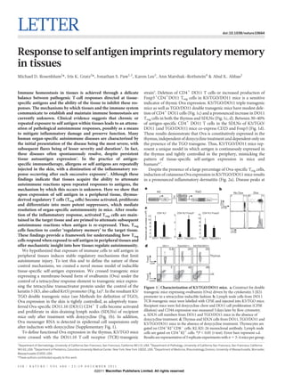 LETTER                                                                                                                                                                                                      doi:10.1038/nature10664




Response to self antigen imprints regulatory memory
in tissues
Michael D. Rosenblum1*, Iris K. Gratz2*, Jonathan S. Paw1,2, Karen Lee3, Ann Marshak-Rothstein4 & Abul K. Abbas2


Immune homeostasis in tissues is achieved through a delicate                                        strain5. Deletion of CD41 DO11 T cells or increased production of
balance between pathogenic T-cell responses directed at tissue-                                     Foxp31CD41DO11 Treg cells in K5/TGO/DO11 mice is a sensitive
specific antigens and the ability of the tissue to inhibit these res-                               indicator of thymic Ova expression. K5/TGO/DO11 triple transgenic
ponses. The mechanisms by which tissues and the immune system                                       mice as well as TGO/DO11 double transgenic mice have modest dele-
communicate to establish and maintain immune homeostasis are                                        tion of CD41 DO11 cells (Fig. 1c) and a pronounced increase in DO11
currently unknown. Clinical evidence suggests that chronic or                                       Treg cells in both the thymus and SDLNs (Fig. 1c, d). Between 30–40%
repeated exposure to self antigen within tissues leads to an attenu-                                of antigen-specific CD41 DO11 T cells in the SDLNs of K5/TGO/
ation of pathological autoimmune responses, possibly as a means                                     DO11 (and TGO/DO11) mice co-express CD25 and Foxp3 (Fig. 1d).
to mitigate inflammatory damage and preserve function. Many                                         These results demonstrate that Ova is constitutively expressed in the
human organ-specific autoimmune diseases are characterized by                                       thymus, independent of doxycycline treatment and dependent only on
the initial presentation of the disease being the most severe, with                                 the presence of the TGO transgene. Thus, K5/TGO/DO11 mice rep-
subsequent flares being of lesser severity and duration1. In fact,                                  resent a unique model in which antigen is continuously expressed in
these diseases often spontaneously resolve, despite persistent                                      the thymus and tightly controlled in the periphery, mimicking the
tissue autoantigen expression2. In the practice of antigen-                                         pattern of tissue-specific self-antigen expression in mice and
specific immunotherapy, allergens or self antigens are repeatedly                                   humans6,7.
injected in the skin, with a diminution of the inflammatory res-                                       Despite the presence of a large percentage of Ova-specific Treg cells,
ponse occurring after each successive exposure3. Although these                                     induction of cutaneous Ova expression in K5/TGO/DO11 mice results
findings indicate that tissues acquire the ability to attenuate                                     in a pronounced inflammatory dermatitis (Fig. 2a). Disease peaks at
autoimmune reactions upon repeated responses to antigens, the
mechanism by which this occurs is unknown. Here we show that                                         a                                                                                               b
                                                                                                                                           K5                                     TGO                               No Dox            Dox
upon expression of self antigen in a peripheral tissue, thymus-                                                                                              X   rTA Dox                                        0            0.4 65         13

derived regulatory T cells (Treg cells) become activated, proliferate                                                              Keratin 5    rTA                TRE2         Tfr-tm GFP Ova




                                                                                                                                                                                                         CD44
and differentiate into more potent suppressors, which mediate
                                                                                                      c                                                                                                  CFSE
resolution of organ-specific autoimmunity in mice. After resolu-
                                                                                                     Absolute cell number (×106)




                                                                                                                                           CD4+KJ+               CD4+KJ+Foxp3+           CD4+KJ+Foxp3–
tion of the inflammatory response, activated Treg cells are main-                                                                  12                        3             *
                                                                                                                                                                                    12
                                                                                                                                                                                    10
tained in the target tissue and are primed to attenuate subsequent                                                                 10
                                                                                                                                                             2                       8
                                                                                                                                    8
autoimmune reactions when antigen is re-expressed. Thus, Treg                                                                       6                                                6
cells function to confer ‘regulatory memory’ to the target tissue.                                                                  4                        1                       4
                                                                                                                                                                                                                CFSE
                                                                                                                                    2                                                2
These findings provide a framework for understanding how Treg                                                                       0                        0                       0
                                                                                                                                        DO11 TGO/DO11            DO11 TGO/DO11           DO11 TGO/DO11
cells respond when exposed to self antigen in peripheral tissues and
offer mechanistic insight into how tissues regulate autoimmunity.                                       d                                       DO11             TGO/DO11       K5/TGO/DO11
                                                                                                                                                       0.6                 24              20
   We hypothesized that exposure of immune cells to self antigen in
peripheral tissues induces stable regulatory mechanisms that limit                                                                                                                              Thymus
                                                                                                                         Foxp3




autoimmune injury. To test this and to define the nature of these                                                                   CD4
control mechanisms, we created a novel mouse model of inducible                                                                                         2                  42              40
tissue-specific self-antigen expression. We crossed transgenic mice
                                                                                                                                                                                                LN
                                                                                                                         Foxp3




expressing a membrane-bound form of ovalbumin (Ova) under the
control of a tetracycline response element to transgenic mice expres-                                                               CD25

sing the tetracycline transactivator protein under the control of the                               Figure 1 | Characterization of K5/TGO/DO11 mice. a, Construct for double
keratin 5 (K5, also called Krt5) promoter (Fig. 1a)4. In the resultant K5/                          transgenic mice expressing ovalbumin (Ova) driven by the cytokeratin 5 (K5)
TGO double transgenic mice (see Methods for definition of TGO),                                     promoter in a tetracycline-inducible fashion. b, Lymph node cells from DO11
Ova expression in the skin is tightly controlled, as adoptively trans-                              TCR-transgenic mice were labelled with CFSE and injected into K5/TGO mice.
ferred Ova-specific DO11.10 (DO11) CD41 T cells become activated                                    Recipient mice were fed doxycycline chow and DO11 cell proliferation (CFSE
and proliferate in skin-draining lymph nodes (SDLNs) of recipient                                   dilution) and CD44 expression was measured 3 days later by flow cytometry.
                                                                                                    c, SDLN cell numbers from DO11 and TGO/DO11 mice in the absence of
mice only after treatment with doxycycline (Fig. 1b). In addition,
                                                                                                    doxycycline treatment. d, Thymus and SDLN cells from DO11, TGO/DO11 and
Ova messenger RNA is detected in epidermal cell suspensions only                                    K5/TGO/DO11 mice in the absence of doxycycline treatment. Thymocytes are
after induction with doxycycline (Supplementary Fig. 1).                                            gated on CD41KJ1CD82 cells. KJ, KJ1-26 monoclonal antibody. Lymph node
   To define functional Ova expression in the thymus, K5/TGO mice                                   cells are gated on CD41KJ1 cells. *P , 0.05 (t-test). Error bars represent s.d.
were crossed with the DO11.10 T-cell receptor (TCR)-transgenic                                      Results are representative of 3 replicate experiments with n 5 3–4 mice per group.
1
 Department of Dermatology, University of California San Francisco, San Francisco, California 94115, USA. 2Department of Pathology, University of California San Francisco, San Francisco, California
94143, USA. 3Department of Pediatrics, Columbia University Medical Center, New York, New York 10032, USA. 4Department of Medicine, Rheumatology Division, University of Massachusetts, Worcester,
Massachusetts 01655, USA.
*These authors contributed equally to this work.


5 3 8 | N AT U R E | VO L 4 8 0 | 2 2 / 2 9 D E C E M B E R 2 0 1 1
                                                             ©2011 Macmillan Publishers Limited. All rights reserved
 