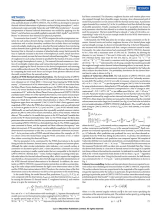 METHODS
Thermophysical modelling. The ATPM was used to determine the thermal in-
ertia and bulk density of (29075) 1950 DA. The ATPM was developed to interpret
thermal-infrared observations of planetary surfaces lacking atmospheres13
, and si-
multaneously make asteroidal Yarkovsky and YORP effect predictions14
. Accurate
interpretation of thermal-infrared observations was verified by applying it to the
Moon13
,andithasbeensuccessfullyappliedtoasteroids(1862)Apollo26
and(101955)
Bennu2
to determine their thermal and physical properties.
Tosummarize howitworks26
, theATPMcomputesthe surface temperature var-
iation for each surface element during a rotation by solving one-dimensional heat
conduction with a surface boundary condition that includes direct and multiply
scattered sunlight, shadowing, and re-absorbed thermal radiation from interfacing
surfaceelements(thatis,globalself-heatingeffects).Rough-surfacethermal-infrared
beaming (that is, thermal re-emission of absorbed solar energy back towards the
Sun) is explicitly included in the form of hemispherical craters, which have been
showntoaccuratelyrecreatethelunarthermal-infraredbeamingeffect13
.Thedegree
ofroughnessforeachsurface elementis specified bythe fraction ofitsareacovered
by the (rough) hemispherical craters, fR. The asteroid thermal emission as a func-
tion of wavelength, rotation phase and various thermophysical properties is deter-
mined by applying the Planck function to the derived temperatures and summing
acrossvisiblesurfaceelements.TheYarkovskyandYORPeffectsarethendetermined
by computing the total recoil forces and torques from photons reflected off and
thermally emitted from the asteroid surface.
Analysis of WISE thermal-infrared observations. The thermal inertia of (29075)
1950DAwasdeterminedusingarchivalWISEthermal-infraredobservations,which
were obtained on 12–13 July 2010 UT (Universal Time) during the WISE All-Sky
survey15
. All instances of WISE observations of (29075) 1950 DA were taken from
theMinorPlanetCenterdatabaseandusedtoquerythe WISEAll-SkySingleExpo-
sure (L1b) source database via the NASA/IPAC Infrared Service Archive. Search
constraintsof 1099 withinthe MinorPlanetCenter ephemeris of(29075) 1950 DA,
andJuliandateswithin10softhereportedobservations,wereusedtoensureproper
data retrieval. The magnitudes returned from this query were kept only in the in-
stances in which there was a positive object detection or where a 95% confidence
brightness upper limit was reported. (29075) 1950 DA had a faint apparent visual
magnitude of 20.5 when the WISE observations were taken, and was only detected
at 3s levels or greater in the W3 (12 mm) and W4 (22 mm) WISE infrared bands.
Additionally, we used only data points that repeatedly sampled common rotation
phases of (29075) 1950 DA to ensure consistency, and to avoid outliers, within the
data set. This resulted in 14 useable data points in the W3 band and 2 useable data
points in the W4 band (Extended Data Table 1). The WISE images for these data
pointswerealsoretrievedtocheckforanycontaminatingsourcesorextendedobjects
surrounding (29075) 1950 DA (see Extended Data Fig. 2). The WISE magnitudes
were converted to fluxes, and the reported red–blue calibrator discrepancy27
was
takeninto account.A 5% uncertaintywas alsoadded in quadrature to the reported
observational uncertainties to take into account additional calibration uncertain-
ties27
. As in previous works of WISE asteroid observations (for example, ref. 15),
we colour-correct the model fluxes using the WISE corrections of ref. 27 rather
than colour-correcting the observed fluxes.
The free parameters to be constrained by the WISE observations in the model
fitting include the diameter, thermal inertia, surface roughness and rotation phase.
Although the radar circular polarization ratio indicates a very smooth surface at
centimetre-to-decimetre spatial scales8
, it does not provide a constraint on surface
roughness occurring at smaller spatial scales that are comparable to the depth of
(29075)1950DA’s thermal skin (,1mm). Surface roughness occurring at these spa-
tial scales induce the thermal-infrared beaming effect, which requires that roughness
must be left as a free parameter to allow the full range of possible interpretations of
the WISE thermal-infrared observations to be obtained. In addition, the uncer-
taintyon(29075) 1950 DA’smeasuredrotationperioddoesnotallowaccuratephas-
ing of the radar shape model between the light-curve observations taken in 2001
and the WISE observations takenin 2010. Therefore, the rotationphase of the first
observation (usedas the reference) was leftas a free parameter in the model fitting.
In the model fitting, the model thermal flux predictions, FMOD(ln, D, C, fR, Q),
were compared with the observations, FOBS(ln), and observational errors, sOBS(ln),
by varying the diameter D, thermal inertia C, roughness fraction fR and rotation
phase Q to give the minimum x2
fit
x2
~
XN
n~1
FMOD ln,D,C,fR,wð Þ{FOBS lnð Þ
sOBS lnð Þ
!2
ð2Þ
for a set of n 5 1 to N observations with wavelength ln. Separate thermophysical
modelswere runfor thermalinertia valuesranging from0 to 1,000J m22
K21
s21/2
in equally spaced steps of 20 J m22
K21
s21/2
initially, and then between 0 and
90J m22
K21
s21/2
in2J m22
K21
s21/2
stepsoncetheprobablethermalinertiavalue
had been constrained. The diameter, roughness fraction and rotation phase were
also stepped through their plausible ranges, forming a four-dimensional grid of
model test parameters (or test clones) with the thermal inertia steps. A parameter
regionboundedby a constant Dx2
atthe 3s confidencelevel then defined the range
of possible parameters. Finally, counting the number of acceptable test clones in
each parameter value bin then allowed us to obtain the probability distribution for
each free parameter. The best model fit had a reduced-x2
value of 1.06 with a cor-
responding P value of 0.39, and an example model fit to the WISE observations is
shown in Extended Data Fig. 1.
Unfortunately, the WISE data alone do not place unique constraints on the di-
ameter, thermal inertia and surface roughness because of its limited phase angle
and wavelength coverage. As shown in Extended Data Fig. 3, the best-fitting diam-
eter increases with thermal inertia such that a unique constraint cannot be made.
Fortunately, the radar observations had constrained (29075) 1950 DA’s diameter
to be 1.3 km with a maximum error of 10% (ref. 8). Therefore, by allowing the
diameter to vary between 1.17km and 1.43km only, we found that (29075)1950
DA’s thermal inertia value must be very low, that is, 24z20
{14 J m22
K21
s21/2
or
#82 J m22
K21
s21/2
. This result is consistent with the preliminary upper bound
of110J m22
K21
s21/2
determinedbyref.28using a simpler thermophysicalmodel
thatneglectedrough-surfacethermal-infraredbeamingeffects.Inourwork,thesur-
face roughness still remains unconstrained, but must be included for the Yarkovsky
effect analysis described below. The probability distribution for the derived ther-
mal inertia value is shown in Fig. 1.
Analysis of Yarkovsky orbital drift. The bulk density of (29075) 1950 DA could
be determined by model-to-measurement comparisons of its Yarkovsky semima-
jor axis drift. The authors of ref. 12 were able to measure a transverse acceleration
of(26.7061.29)310215
AU perdaysquaredactingon(29075) 1950DAinitsorbit
byusingopticalastrometrydatingbackto1950andradarrangingdatatakenin2001
and 2012. This transverse acceleration corresponded to a rate of change in semi-
majoraxisof(22.9560.57)31024
AU permillionyears(Myr)or244.168.5myr21
(ref. 29). Parameter studies using the ATPM have shown that the Yarkovsky effect
is in general enhanced by rough-surface thermal-infrared beaming14
. For (29075)
1950 DA’s oblate shape, fast rotation period, and low thermal inertia, the potential
enhancementwasratherlarge(see Extended DataFig. 4) and hadto be included to
prevent underestimation of (29075) 1950 DA’s bulk density. The overall Yarkovsky
drift acting on (29075) 1950 DA, da/dt(D,C,fR,r), for a bulk density r was deter-
mined from
da
dt
D,C,fR,rð Þ~
D0
D
 
r0
r
 
1{fRð Þ
da
dt
Cð ÞsmoothzfR
da
dt
Cð Þroughz
da
dt
Cð Þseasonal
! ð3Þ
where da/dt(C)smooth is the smooth surface component, da/dt(C)rough is the rough
surface component, and da/dt(C)seasonal is the seasonal component26
. Each com-
ponent was evaluated separately at a specified initial diameter D0 and bulk density
r0. A Yarkovsky effect prediction was produced for every test clone deemed ac-
ceptable from the WISE flux-fitting described above. To produce the distribution
of possible bulk densities, each prediction was compared against 500 samples of
Yarkovskydriftthatwererandomlyselectedfromanormaldistributionwithamean
andstandarddeviationof244.16 8.5 m yr21
.Thisensuredthattheuncertaintyon
the measured Yarkovsky drift was taken into account. Extended Data Fig. 3 shows
the derived bulk density as a function of thermal inertia for the range of acceptable
test cloneswithout a thermal inertia constraint.Asindicated, tomatch the observed
drift at the 1s level required the bulk density to be less than 2.7 g cm23
regardless
of the thermal inertia value. Using the thermal inertia constraint, the bulk density
was constrained to be 1.7 6 0.7 g cm23
and its probability distribution is shown in
Fig. 1.
Cohesiveforcemodelling.Surfaceandinternalcohesiveforcesarerequiredtopre-
vent surface mass shedding and structural failure of (29075)1950 DA, respectively.
Thesurfacecohesiveforcesareproportionaltothemagnitudeofthenegativeambi-
ent gravity experienced by the surface. In particular, the gravitational acceleration
gactingata particular point of(29075)1950 DA’ssurface x wasdeterminedusinga
polyhedral gravity field model30
. Under asteroid rotation the ambient gravitational
acceleration at that surface point will be modified by centripetal acceleration, such
that
g0
~g{v2
x{ x:^p
 
^p
 
ð4Þ
where v is the asteroid angular velocity and ^p is the unit vector specifying the
orientationoftheasteroidrotationpole.TheambientsurfacegravitygA actingalong
the surface normal ^n of point x is then given by
gA~{g0:^n ð5Þ
LETTER RESEARCH
Macmillan Publishers Limited. All rights reserved©2014
 