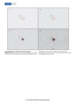 62 2176 4414 6675 8913 11173 13412 15650 17910 20149 22387-196 1059 2314 3582 4838 6105 7361 8616 9884 11139 1
W1
W3
W2
W4
Extended Data Figure 2 | WISE thermal-infrared images of
(29075) 1950 DA. The image scale is 2.75 arcsec per pixel for the W1, W2 and
W3 bands and 5.53 arcsec per pixel for the W4 band. White pixels are ‘bad’
pixels that do not contain data. The object seen to the upper left of
(29075) 1950 DA (red circle) in the W1 (3.4mm) and W2 (4.6mm) bands is a
faint background star (green circle).
RESEARCH LETTER
Macmillan Publishers Limited. All rights reserved©2014
 