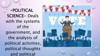 •POLITICAL
SCIENCE- Deals
with the systems
of the
government, and
the analysis of
political activities,
political thoughts
and political
 