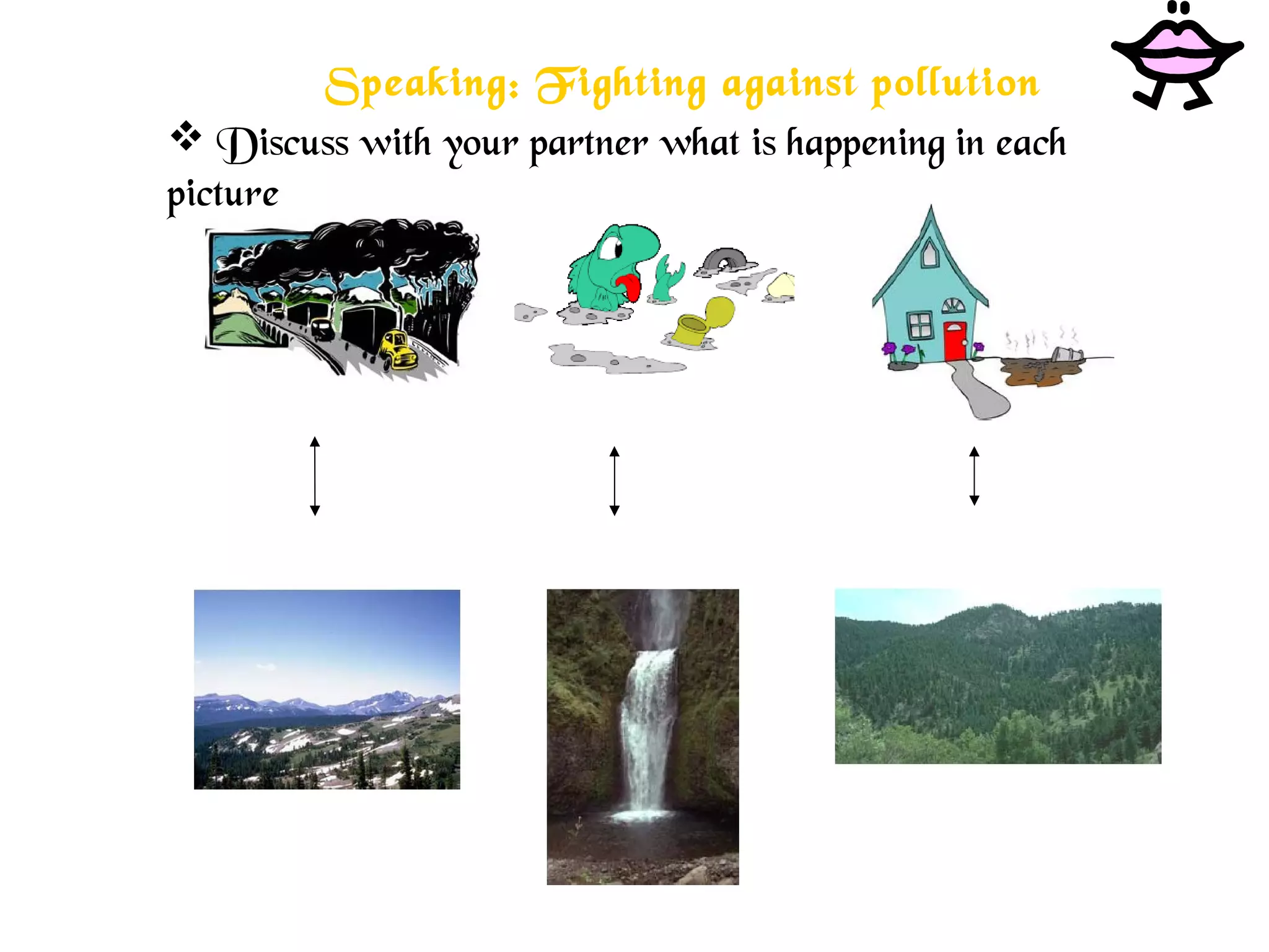 Speaking: Fighting against pollution
 Discuss with your partner what is happening in each
picture
 