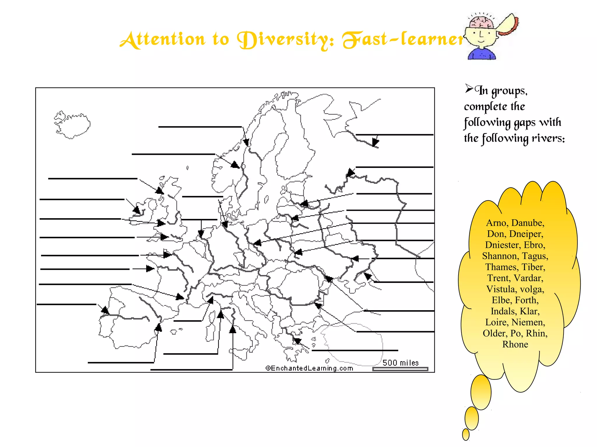 Attention to Diversity: Fast-learners
In groups,
complete the
following gaps with
the following rivers:
Arno, Danube,
Don, Dneiper,
Dniester, Ebro,
Shannon, Tagus,
Thames, Tiber,
Trent, Vardar,
Vistula, volga,
Elbe, Forth,
Indals, Klar,
Loire, Niemen,
Older, Po, Rhin,
Rhone
 