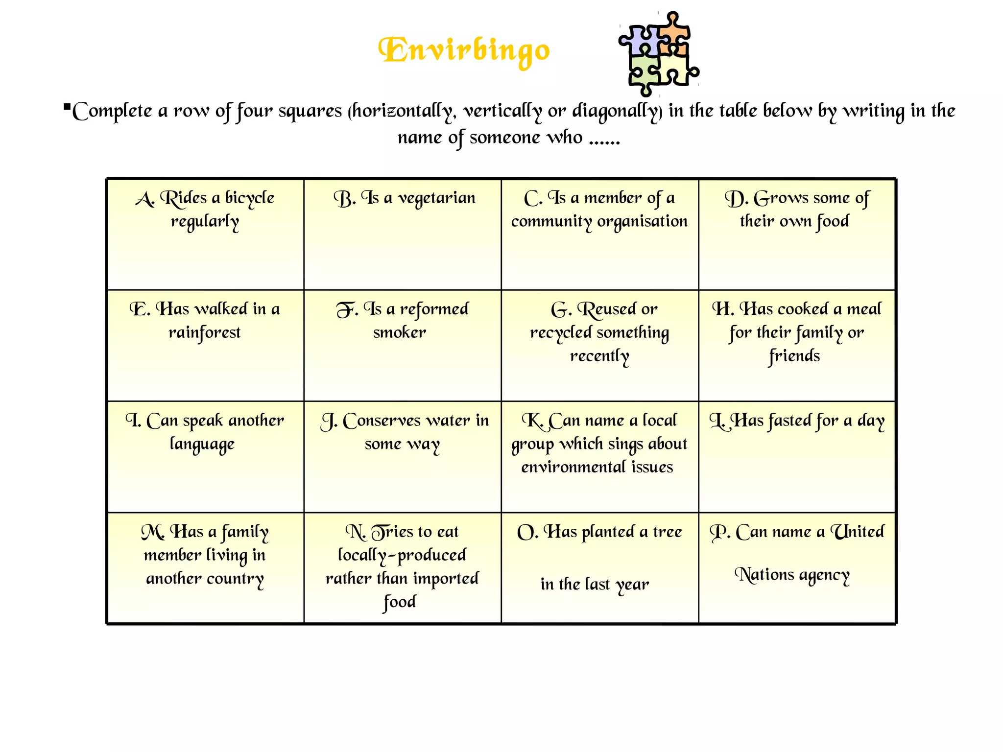 Complete a row of four squares (horizontally, vertically or diagonally) in the table below by writing in the
name of someone who ......
P. Can name a United
Nations agency
O. Has planted a tree
in the last year
N. Tries to eat
locally-produced
rather than imported
food
M. Has a family
member living in
another country
L. Has fasted for a dayK. Can name a local
group which sings about
environmental issues
 J. Conserves water in
some way
I. Can speak another
language
H. Has cooked a meal
for their family or
friends
  G. Reused or
recycled something
recently
F. Is a reformed
smoker
E. Has walked in a
rainforest
D. Grows some of
their own food
C. Is a member of a
community organisation
 B. Is a vegetarianA. Rides a bicycle
regularly
Envirbingo
 