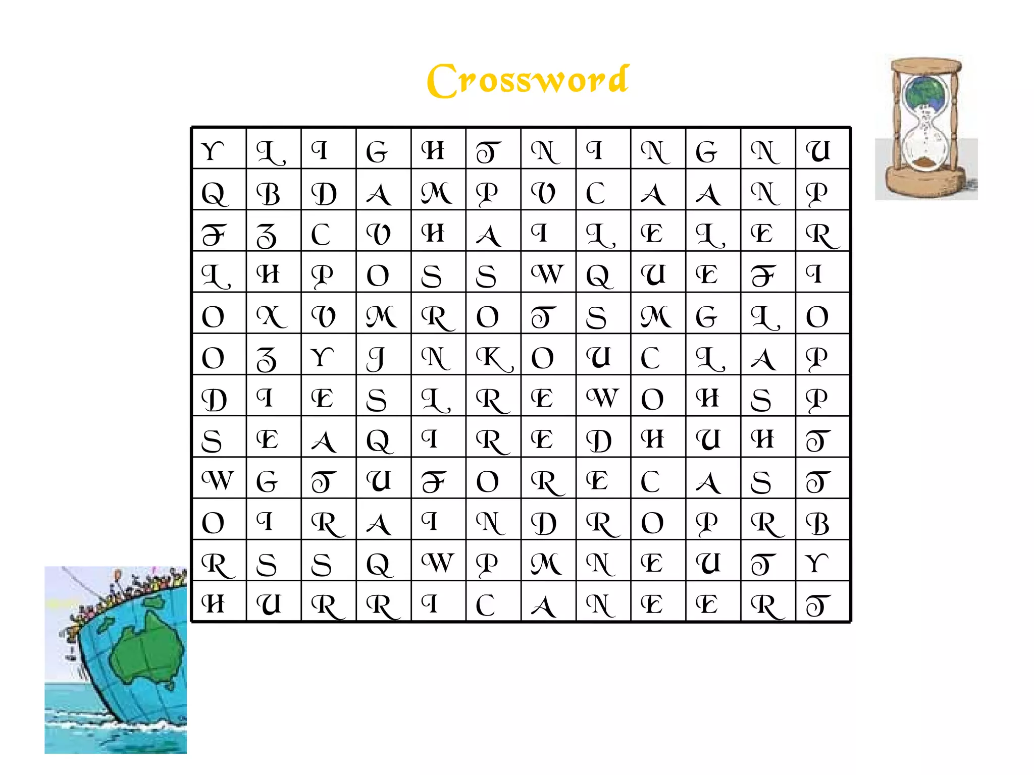 Crossword
TREENACIRRUH
YTUENMPWQSSR
BRPORDNIARIO
TSACEROFUTGW
THUHDERIQAES
PSHOWERLSEID
PALCUOKNJYZO
OLGMSTORMVXO
IFEUQWSSOPHL
RELELIAHVCZF
PNAACVPMADBQ
UNGNINTHGILY
 