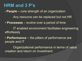 HRM and 3 P’s
• People

– core strength of an organization

Any resource can be replaced but not HR

• Processes – evolve over a period of time
IT enabled environment facilitates engineering
effortlessly

• Performance – the pillars of performance are
people and IT
Organizational performance in terms of value
creation and return on investment
Prof.Sujeesha Rao

 