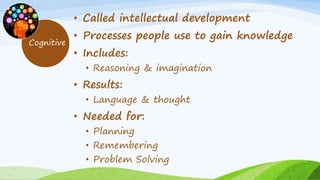 Cognitive
• Called intellectual development
• Processes people use to gain knowledge
• Includes:
• Reasoning & imagination...