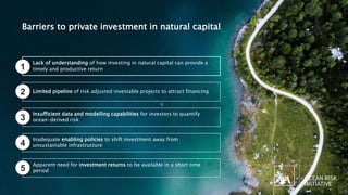 Lack of understanding of how investing in natural capital can provide a
timely and productive return
Limited pipeline of risk adjusted investable projects to attract financing
Insufficient data and modelling capabilities for investors to quantify
ocean-derived risk
Inadequate enabling policies to shift investment away from
unsustainable infrastructure
Apparent need for investment returns to be available in a short time
period
1
2
3
4
5
Barriers to private investment in natural capital
 