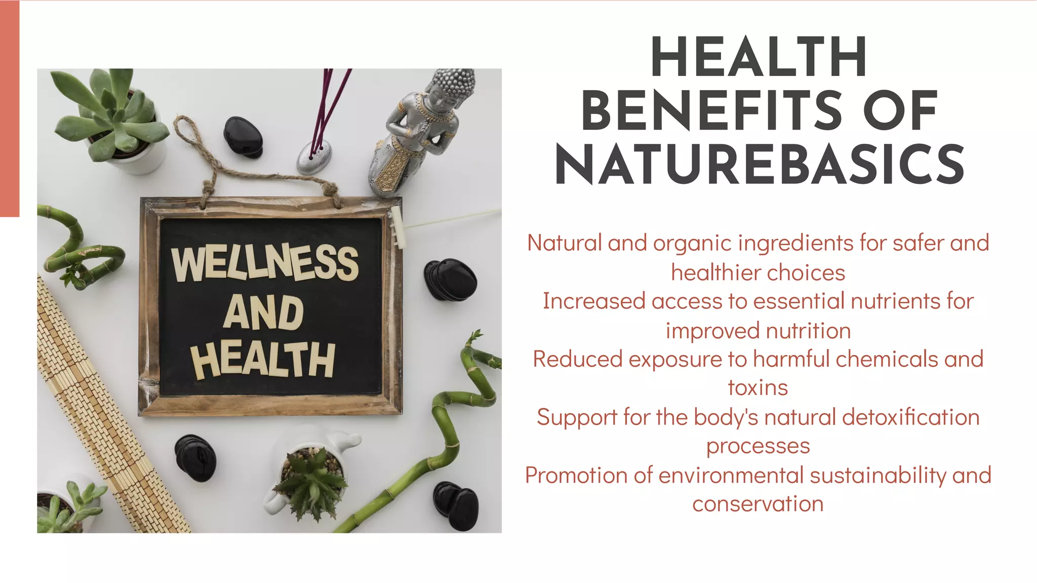 Natural and organic ingredients for safer and
healthier choices
Increased access to essential nutrients for
improved nutrition
Reduced exposure to harmful chemicals and
toxins
Support for the body's natural detoxification
processes
Promotion of environmental sustainability and
conservation
HEALTH
BENEFITS OF
NATUREBASICS
 