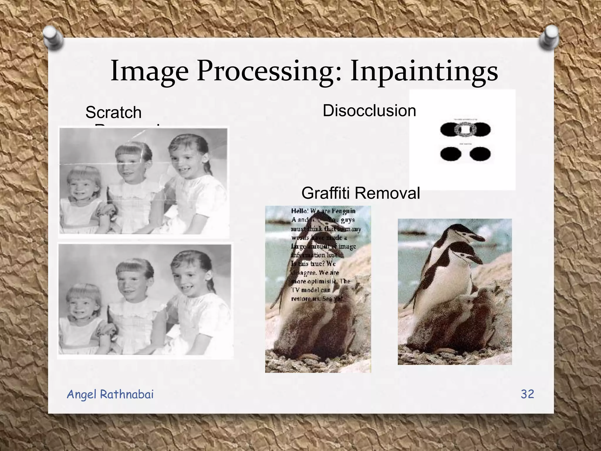 Image Processing: Inpaintings
Scratch
Removal
Disocclusion
Graffiti Removal
32Angel Rathnabai
 