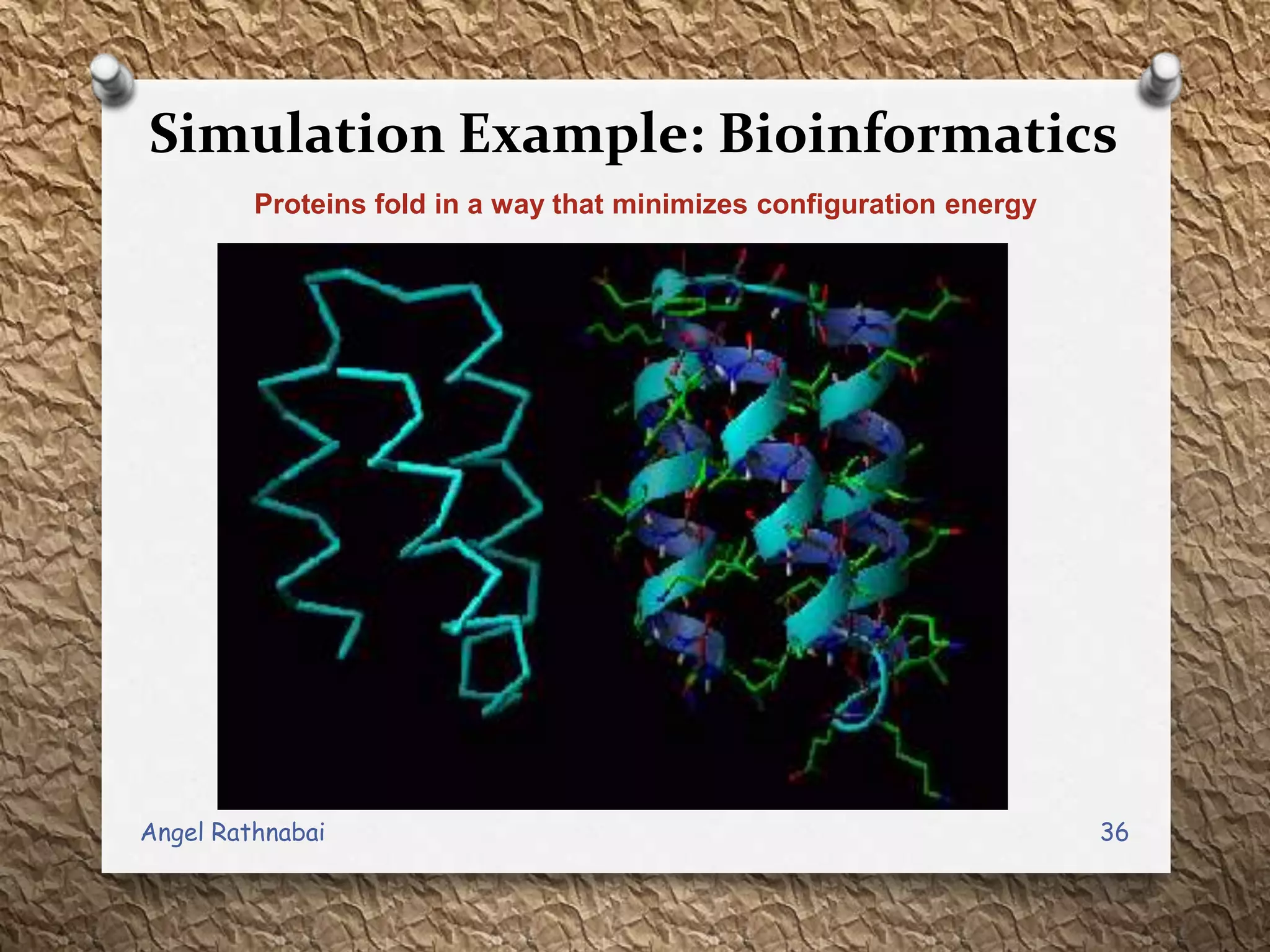 Simulation Example: Bioinformatics
Proteins fold in a way that minimizes configuration energy
36Angel Rathnabai
 