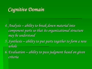 Cognitive Domain
4. Analysis – ability to break down material into
component parts so that its organizational structure
ma...