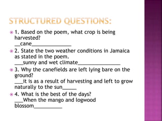  1. Based on the poem, what crop is being
harvested?
__cane______________
 2. State the two weather conditions in Jamaica
as stated in the poem.
___sunny and wet climate_______________
 3. Why the canefields are left lying bare on the
ground?
___it is as a result of harvesting and left to grow
naturally to the sun_____
 4. What is the best of the days?
___When the mango and logwood
blossom__________
 