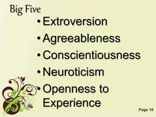Page 10
Big Five
•Extroversion
•Agreeableness
•Conscientiousness
•Neuroticism
•Openness to
Experience
 