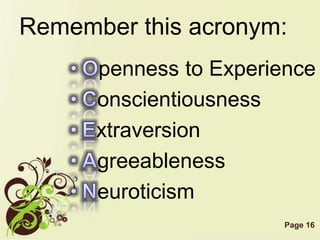 Page 16
Remember this acronym:
penness to Experience
onscientiousness
xtraversion
greeableness
euroticism
 