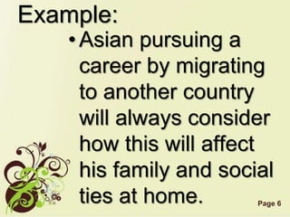 Page 6
Example:
•Asian pursuing a
career by migrating
to another country
will always consider
how this will affect
his family and social
ties at home.
 