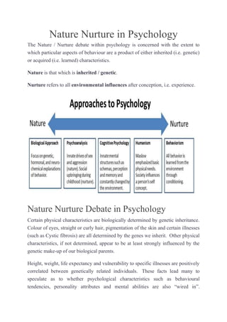 Nature Nurture in Psychology
The Nature / Nurture debate within psychology is concerned with the extent to
which particular aspects of behaviour are a product of either inherited (i.e. genetic)
or acquired (i.e. learned) characteristics.
Nature is that which is inherited / genetic.
Nurture refers to all environmental influences after conception, i.e. experience.

Nature Nurture Debate in Psychology
Certain physical characteristics are biologically determined by genetic inheritance.
Colour of eyes, straight or curly hair, pigmentation of the skin and certain illnesses
(such as Cystic fibrosis) are all determined by the genes we inherit. Other physical
characteristics, if not determined, appear to be at least strongly influenced by the
genetic make-up of our biological parents.
Height, weight, life expectancy and vulnerability to specific illnesses are positively
correlated between genetically related individuals. These facts lead many to
speculate as to whether psychological characteristics such as behavioural
tendencies, personality attributes and mental abilities are also “wired in”.

 