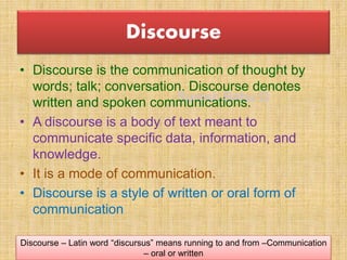 Nature of Classroom discourse: Oral language