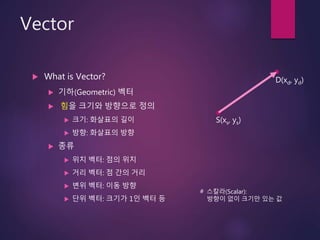 Vector
 What is Vector?
 기하(Geometric) 벡터
 힘을 크기와 방향으로 정의
 크기: 화살표의 길이
 방향: 화살표의 방향
 종류
 위치 벡터: 점의 위치
 거리 벡터: 점 간의...