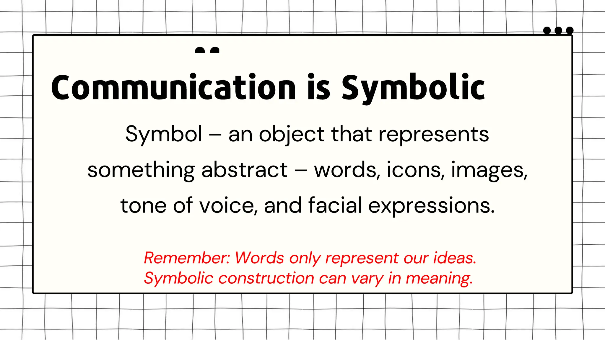 Symbol – an object that represents
something abstract – words, icons, images,
tone of voice, and facial expressions.
Remember: Words only represent our ideas.
Symbolic construction can vary in meaning.
 