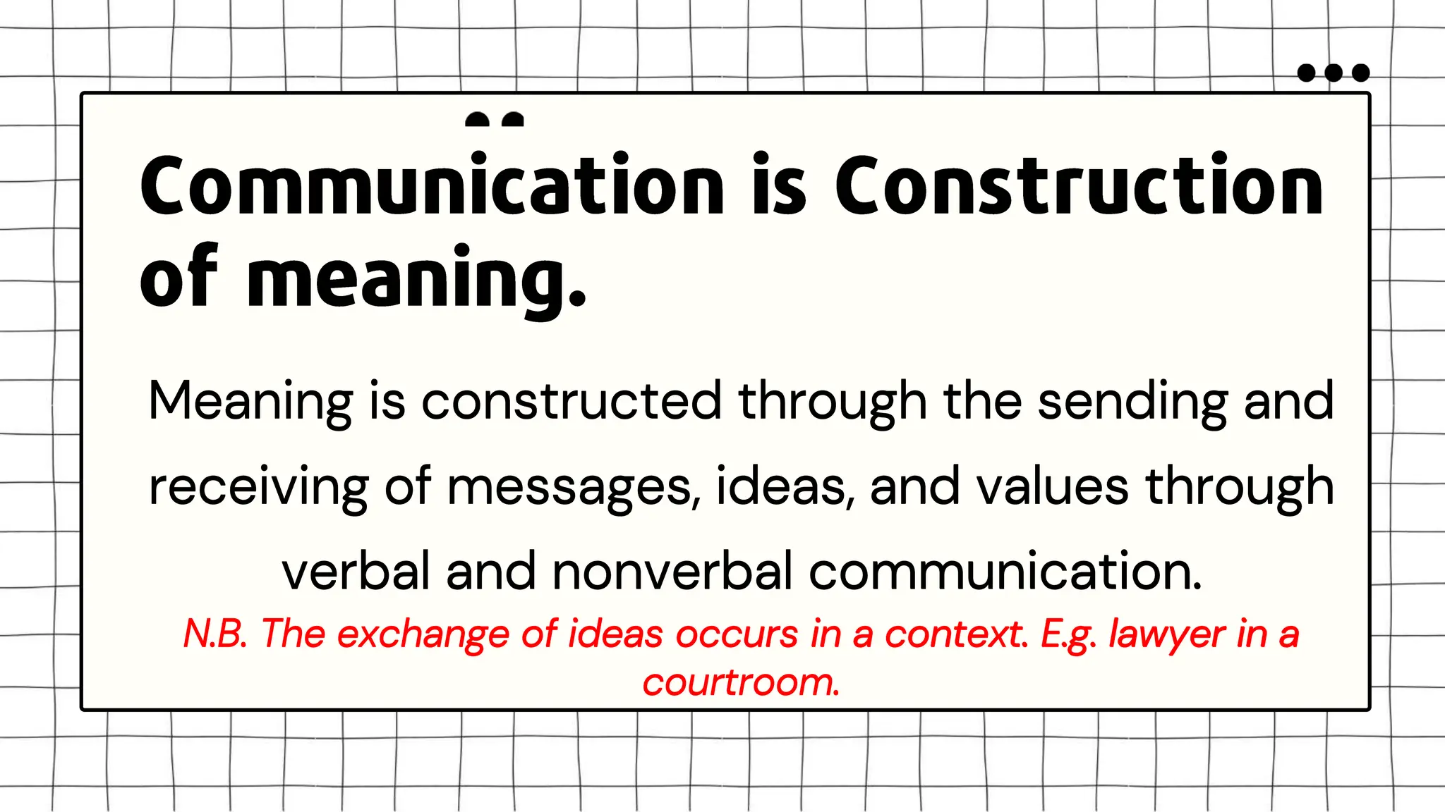 Meaning is constructed through the sending and
receiving of messages, ideas, and values through
verbal and nonverbal communication.
N.B. The exchange of ideas occurs in a context. E.g. lawyer in a
courtroom.
Meaning is constructed through the sending and
receiving of messages, ideas, and values through
verbal and nonverbal communication.
N.B. The exchange of ideas occurs in a context. E.g. lawyer in a
courtroom.
 