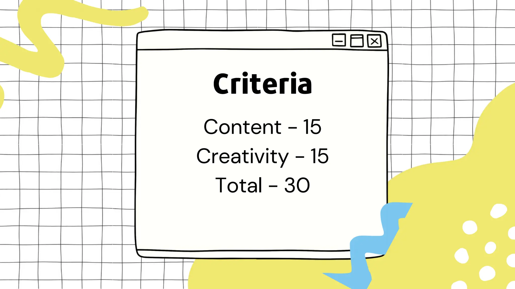 Content - 15
Creativity - 15
Total - 30
 