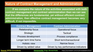 If we compare the nature of the activities associated with both
contract management and contract administration then we can see
that the differences are fundamental, yet without efficient contract
administration, then effective contract management becomes very
difficult, if not impossible.
Nature of Contract Management and Administration
Contract Management Contract Administration
Relationship focus Operational focus
Strategic Tactical
Process development Process compliance
Longer term time frame Short term/transactional
Holistic view Narrow focus
Driven by added value Driven by key performance indicators
Source: DPSS Consultants Designed By: Engr. Ahmed Kotb https://sa.linkedin.com/in/ahmedabdelmohsen
 