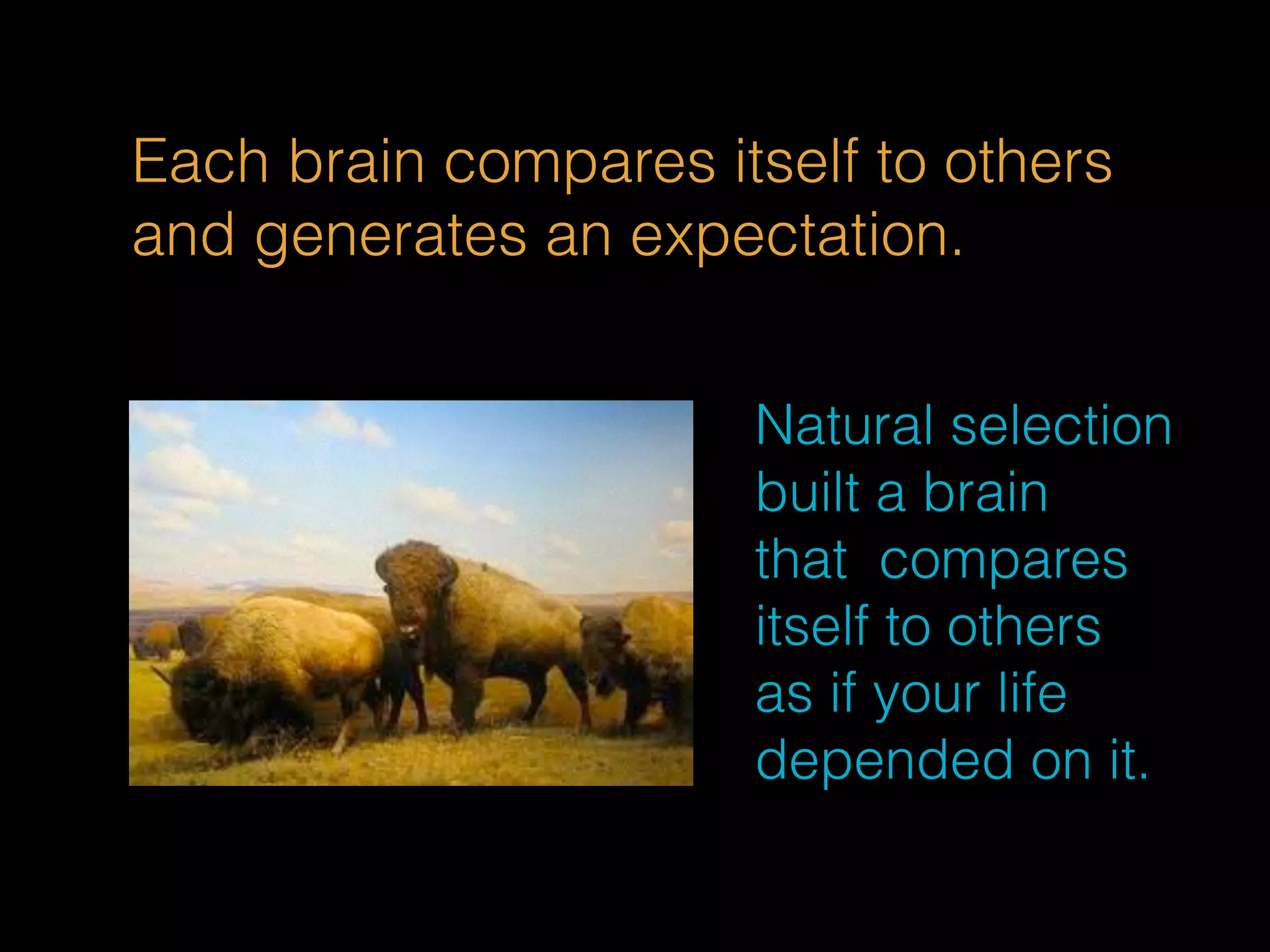 Each brain compares itself to others 
and generates an expectation. 
Natural selection 
built a brain 
that compares 
itself to others 
as if your life 
depended on it. 
 