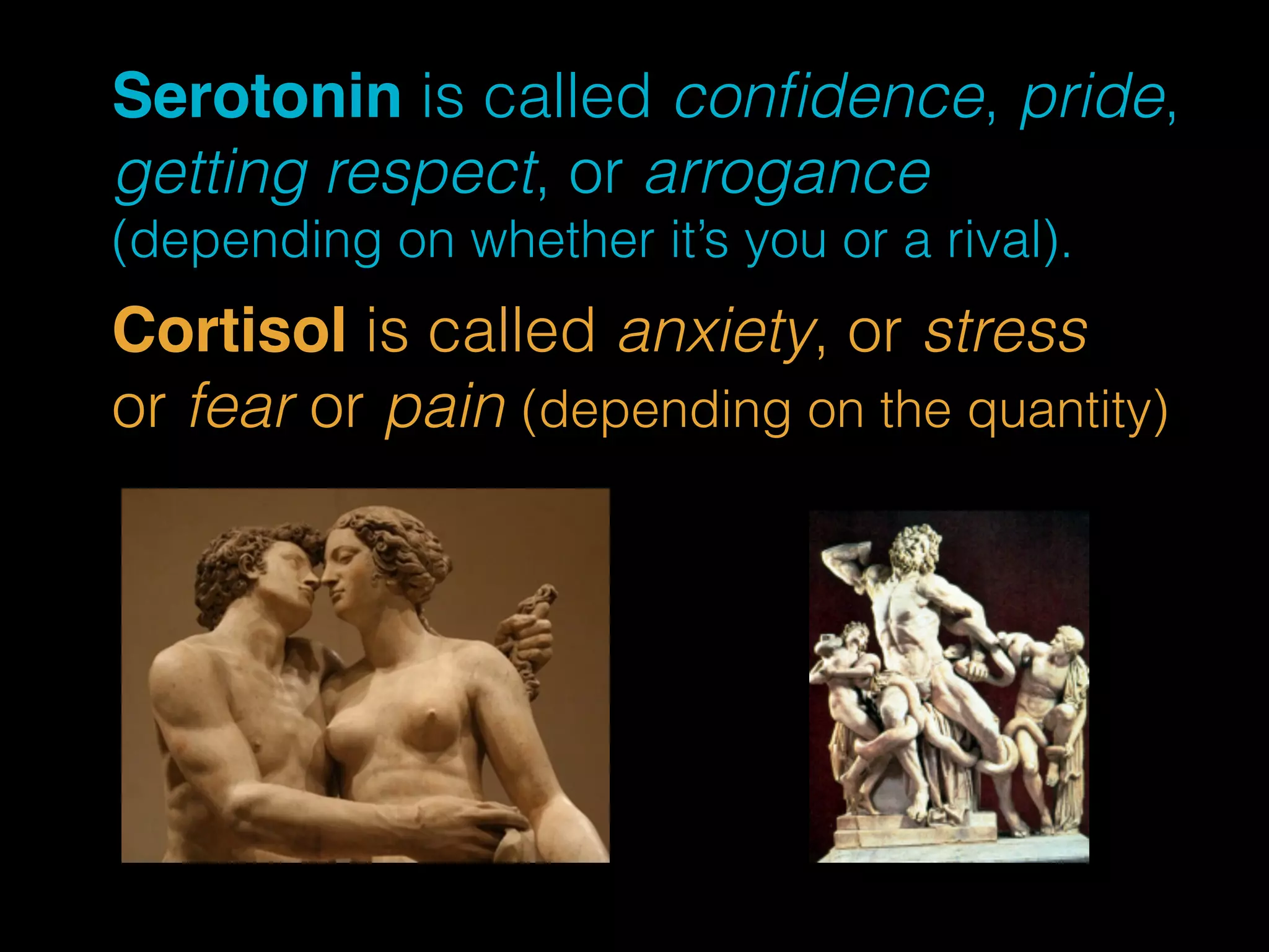 Serotonin is called confidence, pride, 
getting respect, or arrogance 
(depending on whether it’s you or a rival). 
Cortisol is called anxiety, or stress 
or fear or pain (depending on the quantity) 
 