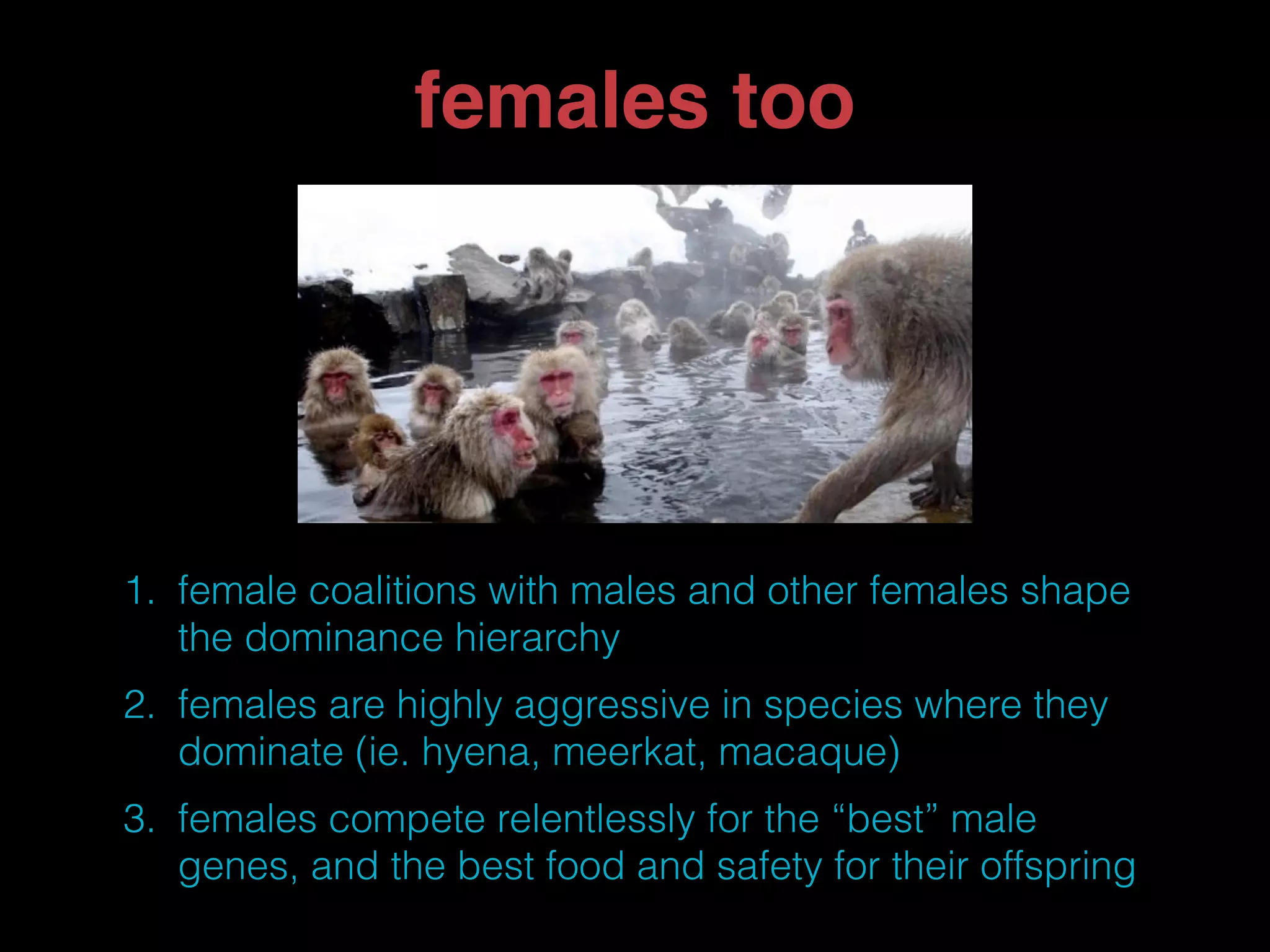 females too 
1. female coalitions with males and other females shape 
the dominance hierarchy 
2. females are highly aggressive in species where they 
dominate (ie. hyena, meerkat, macaque) 
3. females compete relentlessly for the “best” male 
genes, and the best food and safety for their offspring 
 