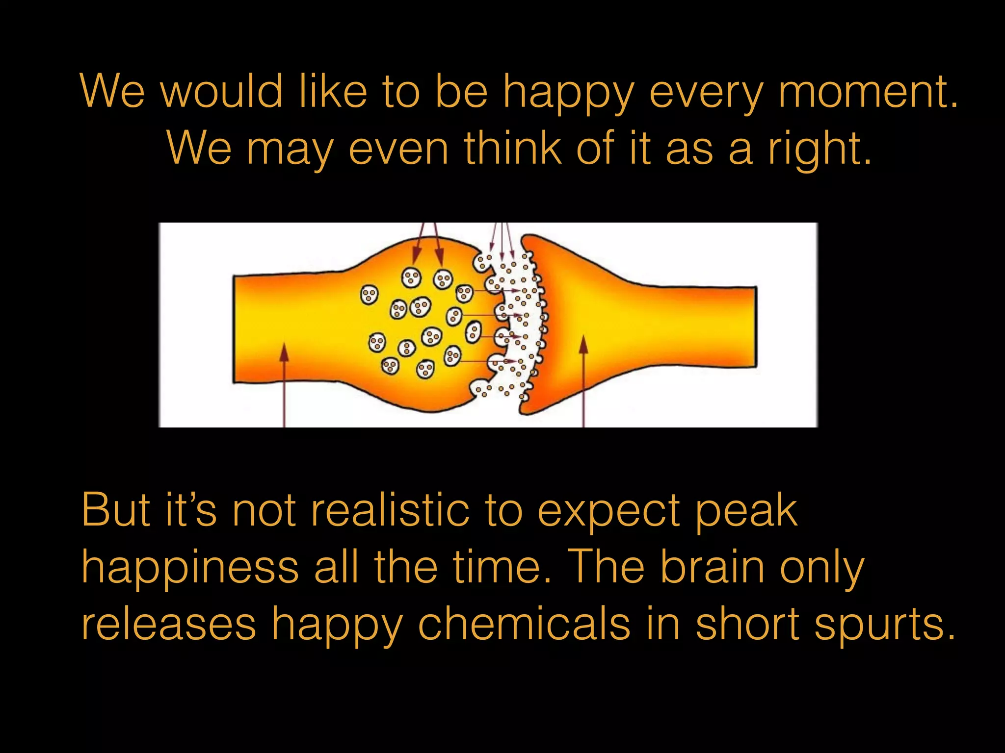 We would like to be happy every moment. 
We may even think of it as a right. 
But it’s not realistic to expect peak 
happiness all the time. The brain only 
releases happy chemicals in short spurts. 
 