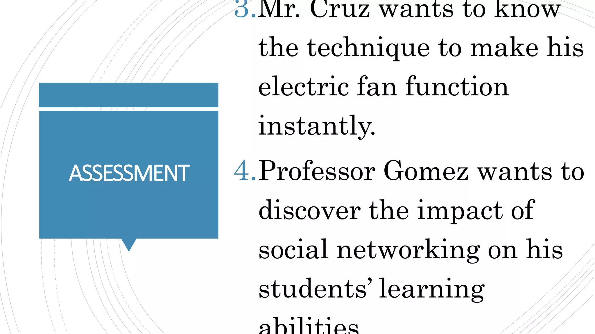 ASSESSMENT
3.Mr. Cruz wants to know
the technique to make his
electric fan function
instantly.
4.Professor Gomez wants to
discover the impact of
social networking on his
students’ learning
 