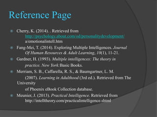 Reference Page
 Cherry, K. (2014). . Retrieved from
http://psychology.about.com/od/personalitydevelopment/
a/emotionalintell.htm
 Fang-Mei, T. (2014). Exploring Multiple Intelligences. Journal
Of Human Resources & Adult Learning, 10(1), 11-21.
 Gardner, H. (1993). Multiple intelligences: The theory in
practice. New York:Basic Books.
 Merriam, S. B., Caffarella, R. S., & Baumgartner, L. M.
(2007). Learning in Adulthood (3rd ed.). Retrieved from The
University
of Phoenix eBook Collection database.
 Meunier, J. (2013). Practical Intelligence. Retrieved from
http://intelltheory.com/practicalintelligence.shtml
 