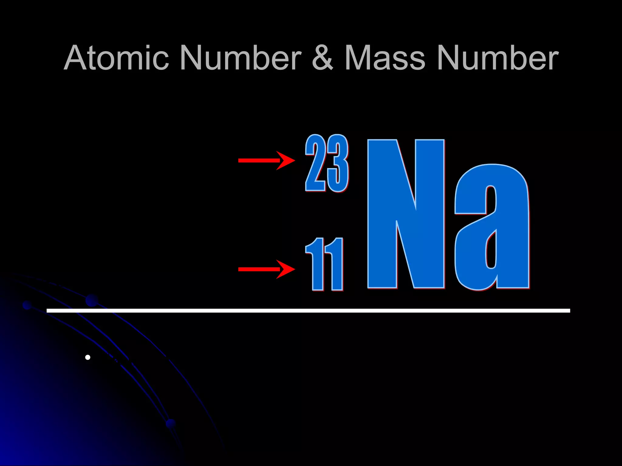 Atomic Number & Mass Number Na 11 23 Mass Number (Protons + Neutrons) Atomic Number (# of Protons and Electrons) Na has 11 Protons, 11 Electrons, and 12 Neutrons. 